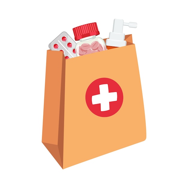 Saco de farmácia cheio de medicamentos Saco de papel com comprimidos