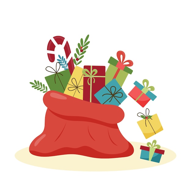 Saco de papai noel com presentes de natal. pirulito de caixas de presente colorido. os presentes caem do saco
