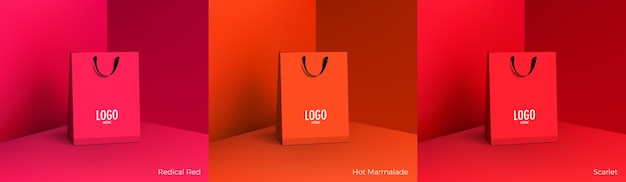 Saco de papel de compras conjunto de maquete de saco de compras realista para branding e design de identidade corporativa modelo de embalagem de papel para promoção desconto venda conceito 3d vetor ilustração isolada