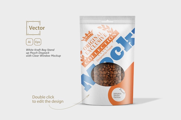 Vetor saco de papel kraft pouch doypack com modelo de janela transparente