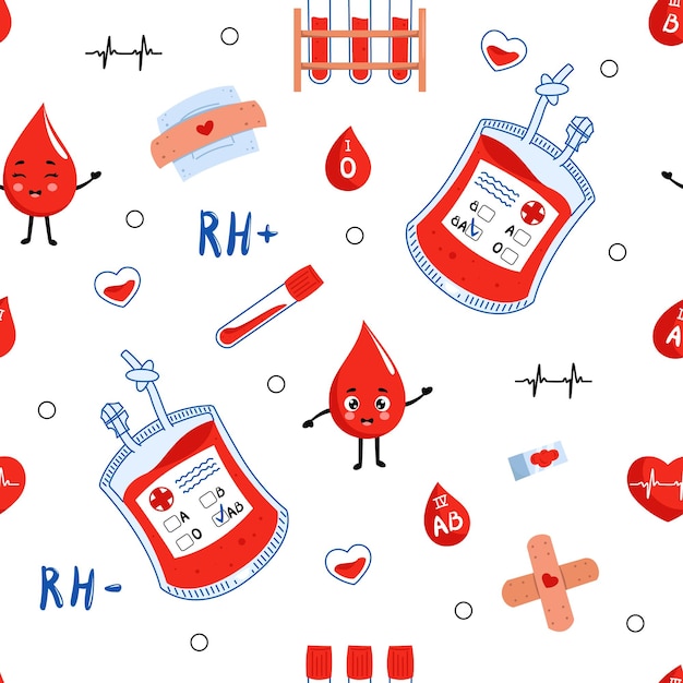 Saco de sangue, corações, gotas. ilustração vetorial desenhada à mão. ícones de hematologia. doe sangue, saúde