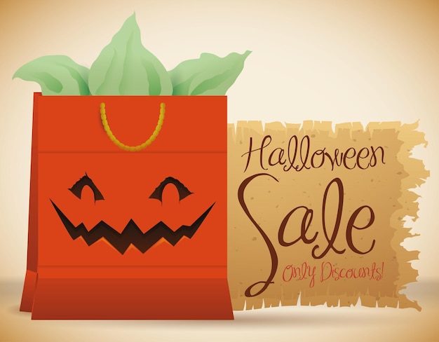 Vetor sacola de compras para o halloween com abóbora sorridente para vendas sazonais e ofertas com rolagem de saudação