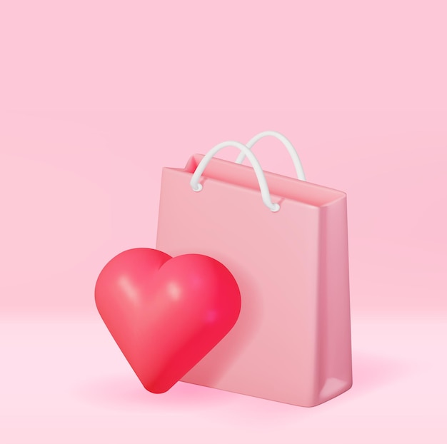 Vetor sacola de compras rosa 3d com coração grande