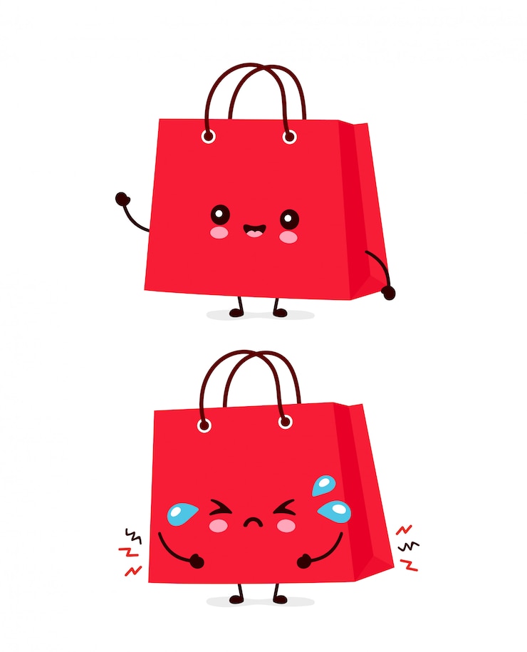 Vetor sacos de compras engraçados felizes e tristes bonitos. desenho animado personagem ilustração ícone do design.