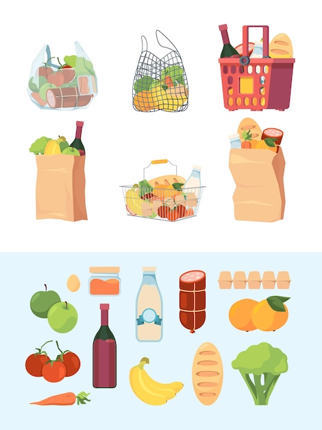 Sacos de compras. mercado de cesta de compras ensacado comida leite vegetais carne vetor conjunto colorido. ilustração de varejo de supermercado e mercado de alimentos