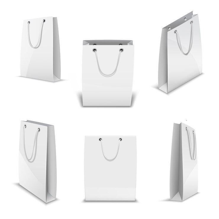 Vetor sacos de papel para compras conjunto de modelos 3d realistas.