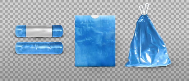 Sacos de plástico Saco de lixo azul com alças Rolo de lixo mockup de embalagem azul saco de resíduos ou lata cheia de cordas vazia e cheia embalagem de polietileno recusa Vector exato conjunto isolado