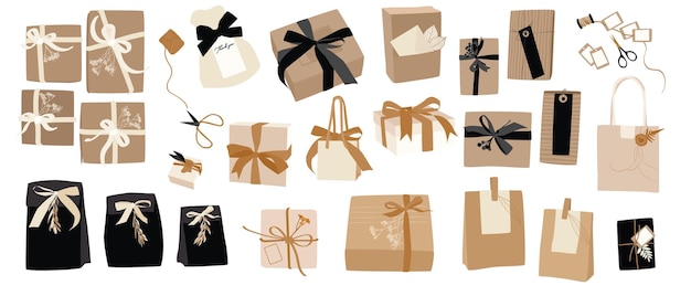 Vetor sacos de presente, presentes, presentes, caixas, recompensa, sacos de artesanato doadores conjunto isolado grande vetor