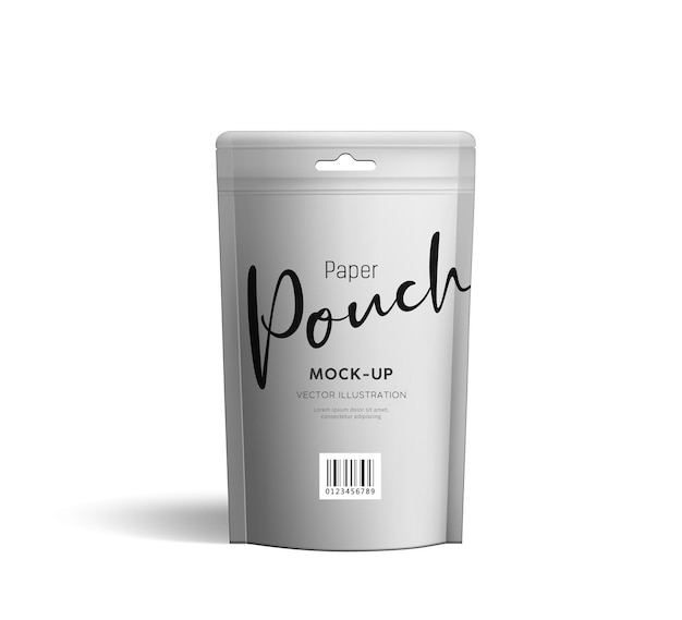 Sacos tipo bolsa de papel kraft prateado, modelo de embalagem com vista frontal.