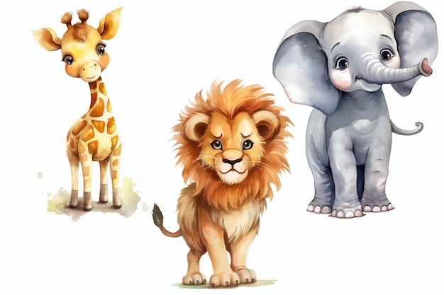 Safari Animal conjunto leão girafa e elefante em estilo 3d ilustração vetorial isolada