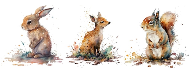 Safari Animal conjunto pequena lebre de veado e esquilo em estilo aquarela Ilustração vetorial isolada