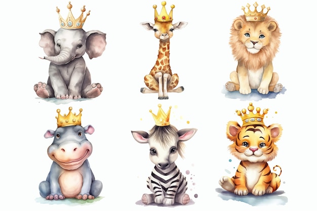 Safari animal set elefante girafa hipopótamo leão zebra e tigre com coroas em suas cabeças em estilo 3d ilustração vetorial isolada