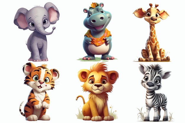 Vetor safari animal set elefante hipopótamo girafa tigre leão zebra em estilo 3d ilustração vetorial isolada