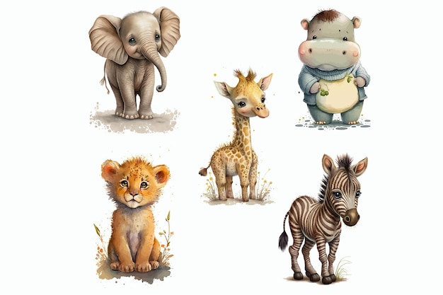 Safari Animal set elefante hipopótamo girafa zebra leão em estilo 3d ilustração vetorial isolada