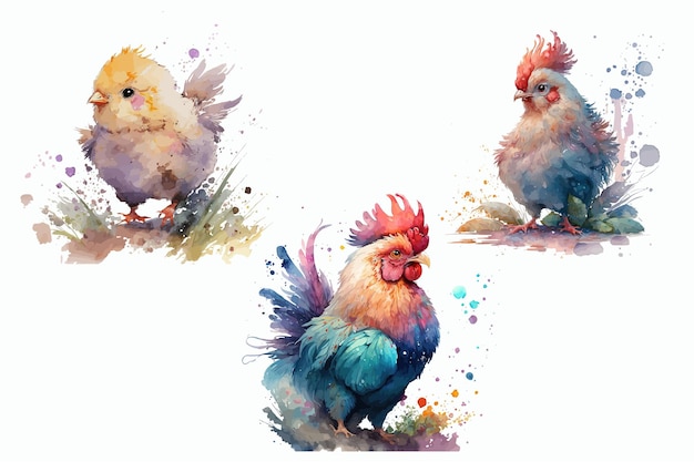 Safari animal set frango galo pintinho em estilo aquarela ilustração vetorial isolada