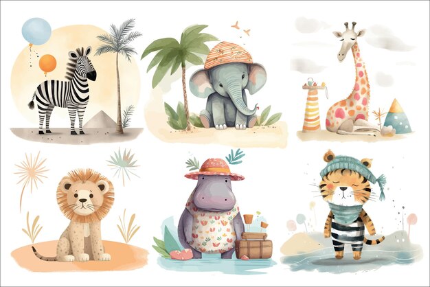 Safari animal set hipopótamo leão girafa elefante zebra e tigre de férias em estilo 3d ilustração vetorial isolada