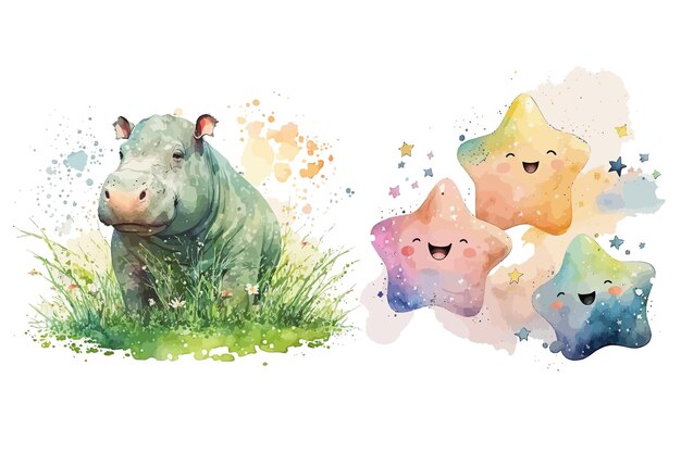 Safari Animal set hipopótamo nas estrelas da grama em estilo aquarela Ilustração vetorial isolada