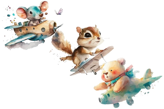 Vetor safari animal set mouse esquilo e urso voando em avião em estilo aquarela ilustração vetorial isolada