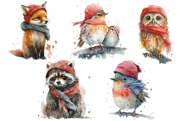 Safari Animal set raposa guaxinim e pássaros como uma coruja em um lenço vermelho e chapéu em estilo aquarela Ilustração vetorial isolada