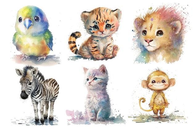 Safari animal set tigre leão zebra macaco papagaio gato em estilo aquarela ilustração vetorial isolada