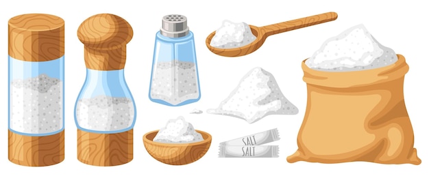 Vetor sal de desenho animado colher e tigela de abanador de madeira saco de açúcar ou bicarbonato de sódio ingredientes de cozinha conjunto de ilustração vetorial