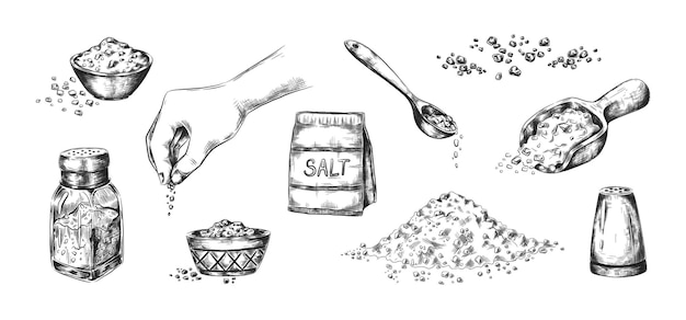 Sal desenhado à mão saleiro realista ou tigela com tempero salgado montes de pó e colheres com cristais de sódio ingrediente para cozinhar e conservar alimentos conjunto de esboços vetoriais