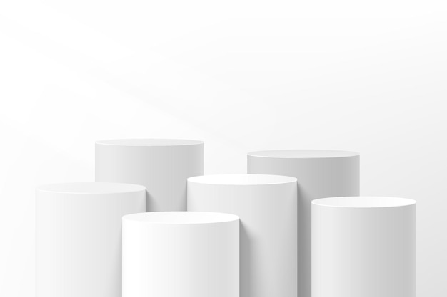 Sala 3D limpa branca abstrata com etapas realistas design de grupo de pódio de cilindro cinza e branco