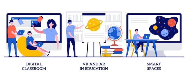 Sala de aula digital, rv e ra na educação, conceito de espaços inteligentes com pessoas minúsculas. conjunto de aprendizagem interativo. aprendizagem combinada, realidade virtual, tecnologia na metáfora da educação.