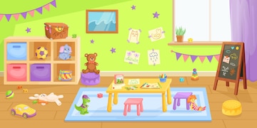 Cartaz de sala de jogos com brinquedos de pelúcia para crianças banner  vetorial da sala de berçário no jardim de infância ou pré-escola com  ilustração dos desenhos animados de brinquedos fofos de