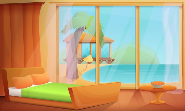Sala de desenho animado com vista para o mar nos trópicos, ilustração vetorial