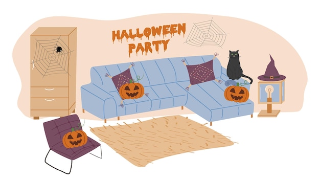 Sala de estar aconchegante decorada para o feriado halloween abóboras e velas poster de bandeira design de página web ilustração plana vetorial