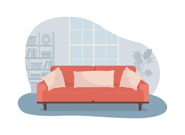 Sala de estar com sofá vermelho 2d ilustração isolada. sofá confortável para relaxamento.
