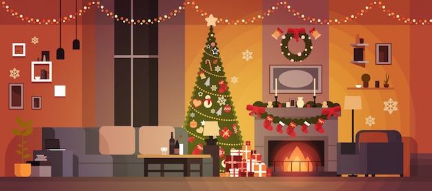 Sala de estar decorada para o Natal e ano novo com abeto