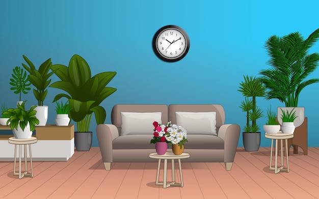 Sala de estar design de interiores sofá tv floral flor ilustração vetorial
