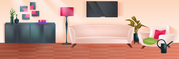 Vetor sala de estar interior moderno apartamento em casa com ilustração vetorial horizontal de móveis