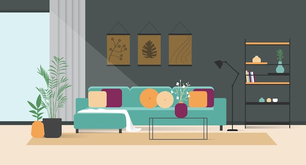 Sala de estar moderna com sofá e móveis