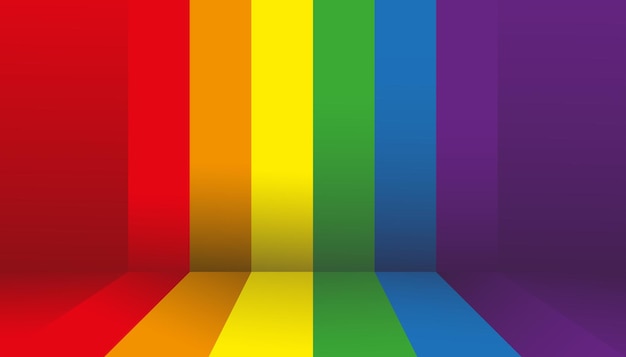 Sala de estúdio de parede vazia com arco-íris orgulho LGBT bandeira backgroud, ilustração vetorial Cenário de maquete de sinal de design gráfico para lésbicas, gays, bissexuais e transgêneros.