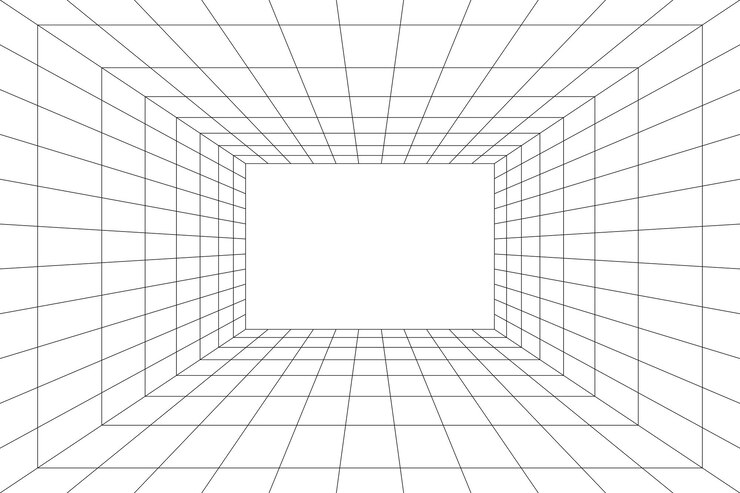 Vetor sala de grade em perspectiva em estilo 3d. wireframe interno de linhas pretas, quadrado interno do modelo