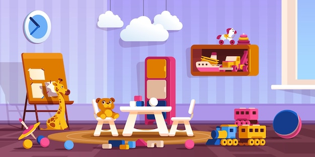 Sala de jardim de infância Sala de jogos fofa de desenhos animados com brinquedos coloridos classe pré-escolar com estantes e brinquedos de atividade ilustração vetorial