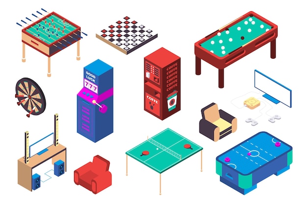 Sala de recreação 3D mega conjunto isométrico em isometria design gráfico Coleção de elementos de futebol de mesa damas bilhar máquina de caça-níqueis dardos tênis console de jogo outro ilustração vetorial