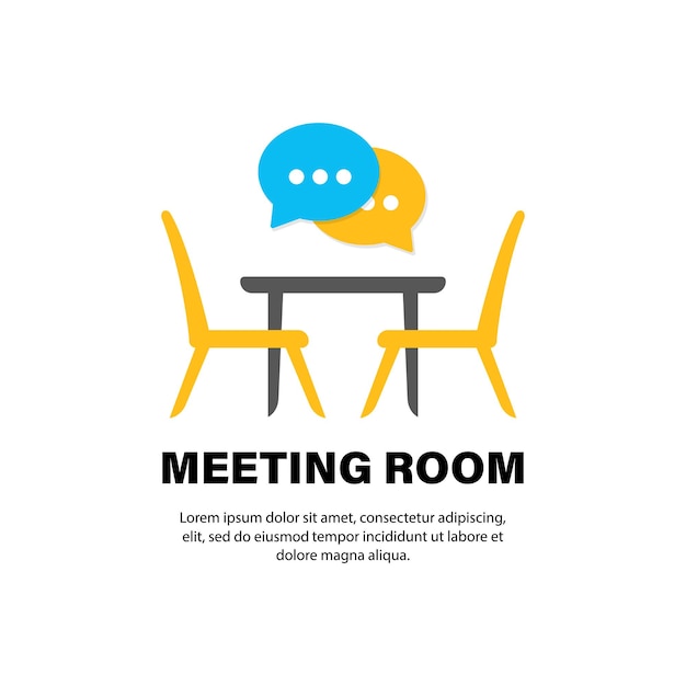 Sala de reuniões de conferência, ícone de placa plana. mesa de escritório, cadeiras com balão de fala. vetor em fundo branco isolado. eps 10.