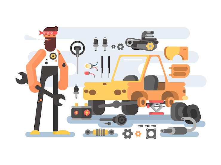 Vetor sala de trabalho da máquina de detalhamento de automóveis. serviço automóvel com mecânico. ilustração vetorial