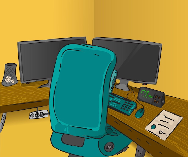 Vetor sala de trabalho de sala de estudo de desenho dos desenhos animados com equipamentos.