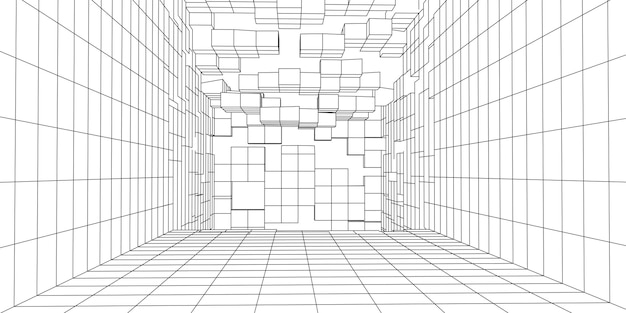 Sala de wireframe futurista 3D em fundo branco Grade de perspectiva abstrata ilustração vetorial