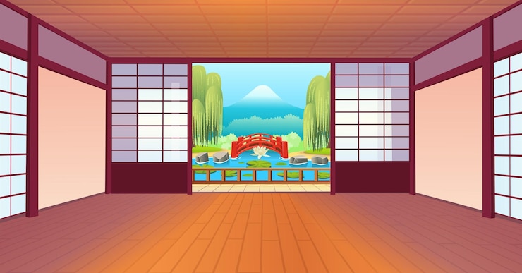 Vetor sala japonesa com copos de janela grandes e bule de chá na mesa com vista para o jardim bonsai