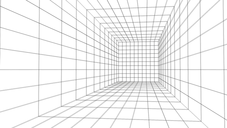 Vetor sala vazio de quadro de arame 3d futurista grelha de perspectiva vetorial fundo do ciberespaço caixa com espaço digital em realidade virtual