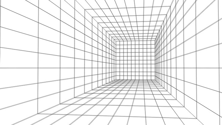 Vetor sala vazio de quadro de arame 3d futurista grelha de perspectiva vetorial fundo do ciberespaço caixa com espaço digital em realidade virtual