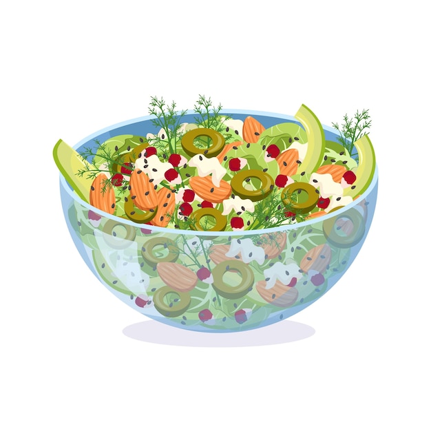 Vetor salada caseira de legumes frescos, ervas, azeitonas e queijo em uma tigela de vidro com pomegra de amêndoas ...