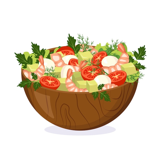 Vetor salada caseira de legumes frescos, ervas, camarão e queijo em uma tigela de madeira. cozinhar comida deliciosa em casa. ilustração em vetor plana.