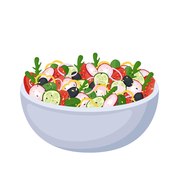 Salada caseira de verduras frescas e azeitonas Comida saudável Refeição vegana ou vegetariana Ilustração vetorial